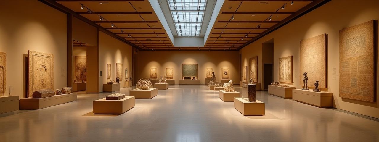 صورة بانورامية لأعمال فنية قديمة وحديثة داخل معرض فني واسع