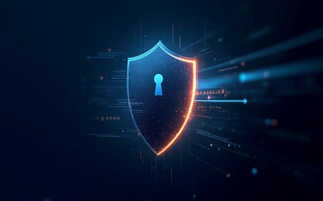 صورة مفاهيمية للأمن السيبراني وحماية البيانات مع أيقونة درع
